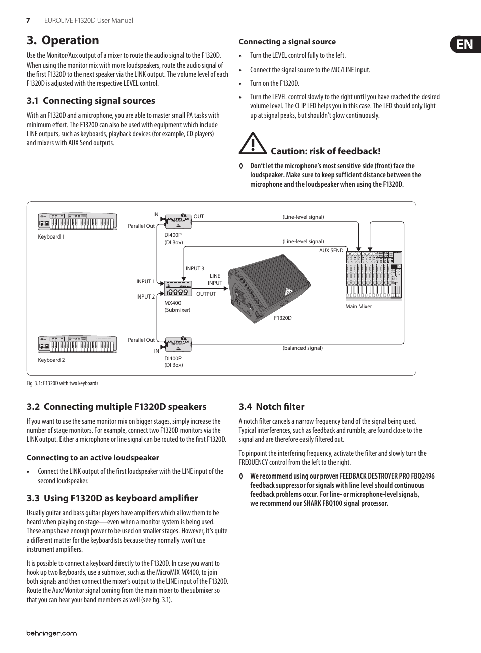 Operation, 1 connecting signal sources, 2 connecting multiple f1320d speakers | 3 using f1320d as keyboard amplifier, 4 notch filter | Behringer EUROLIVE F1320D User Manual | Page 7 / 10