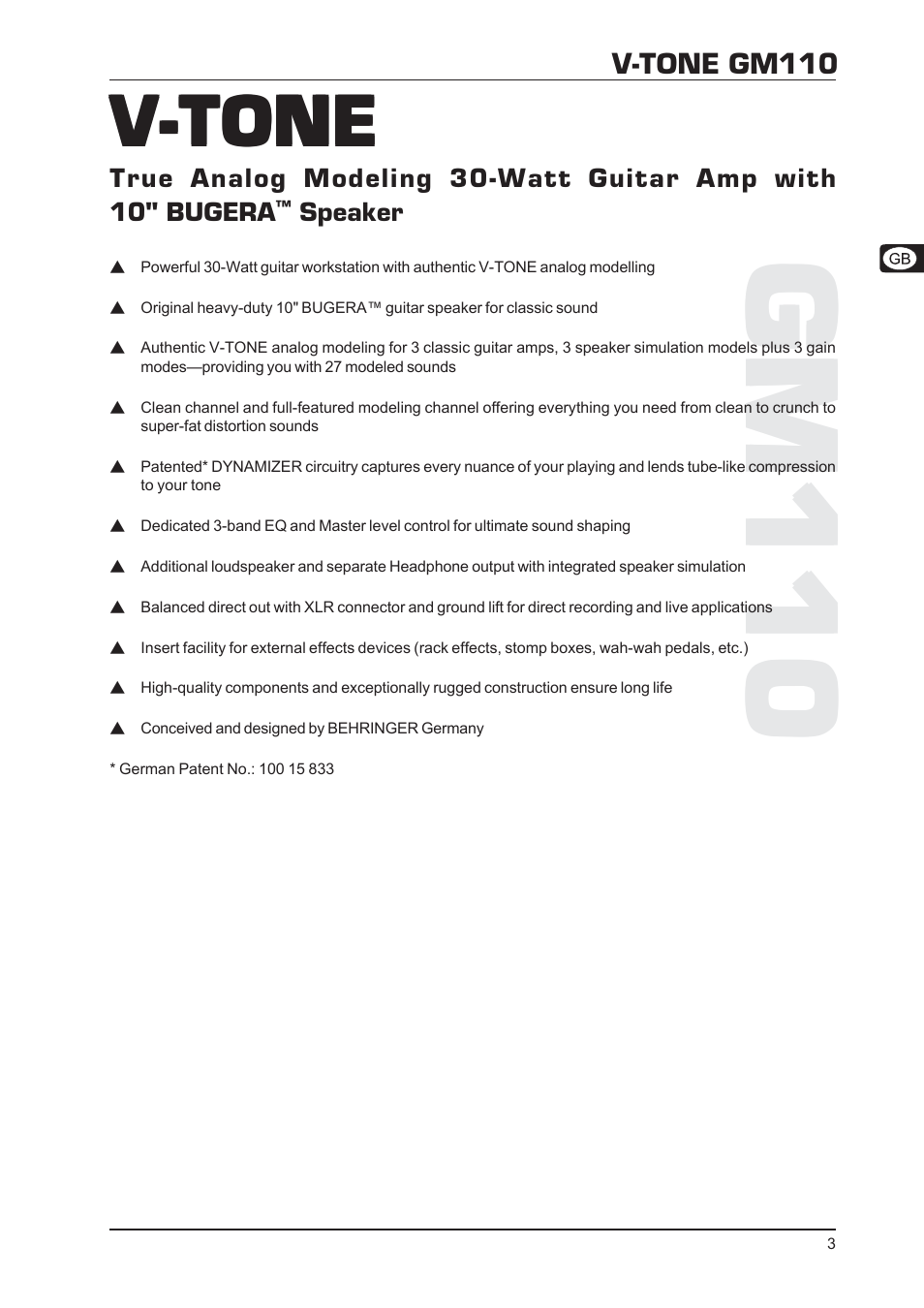 V-tone | Behringer 30-Watt Guitar Amp V-TONE GM110 User Manual | Page 3 / 9