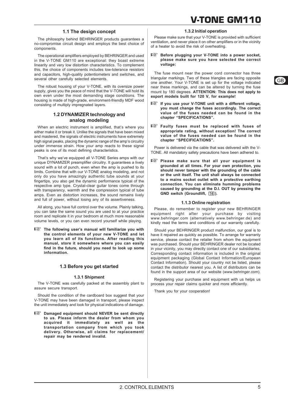 1 the design concept, 2 dynamizer technology and analog modeling, 3 before you get started | 1 shipment, 2 initial operation, 3 online registration, V-tone gm110 | Behringer 30-Watt Guitar Amp V-TONE GM110 User Manual | Page 5 / 9