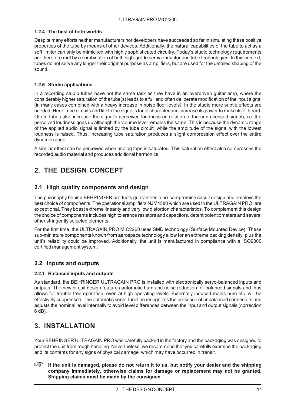 The design concept, Installation | Behringer M IC 2200 User Manual | Page 11 / 20