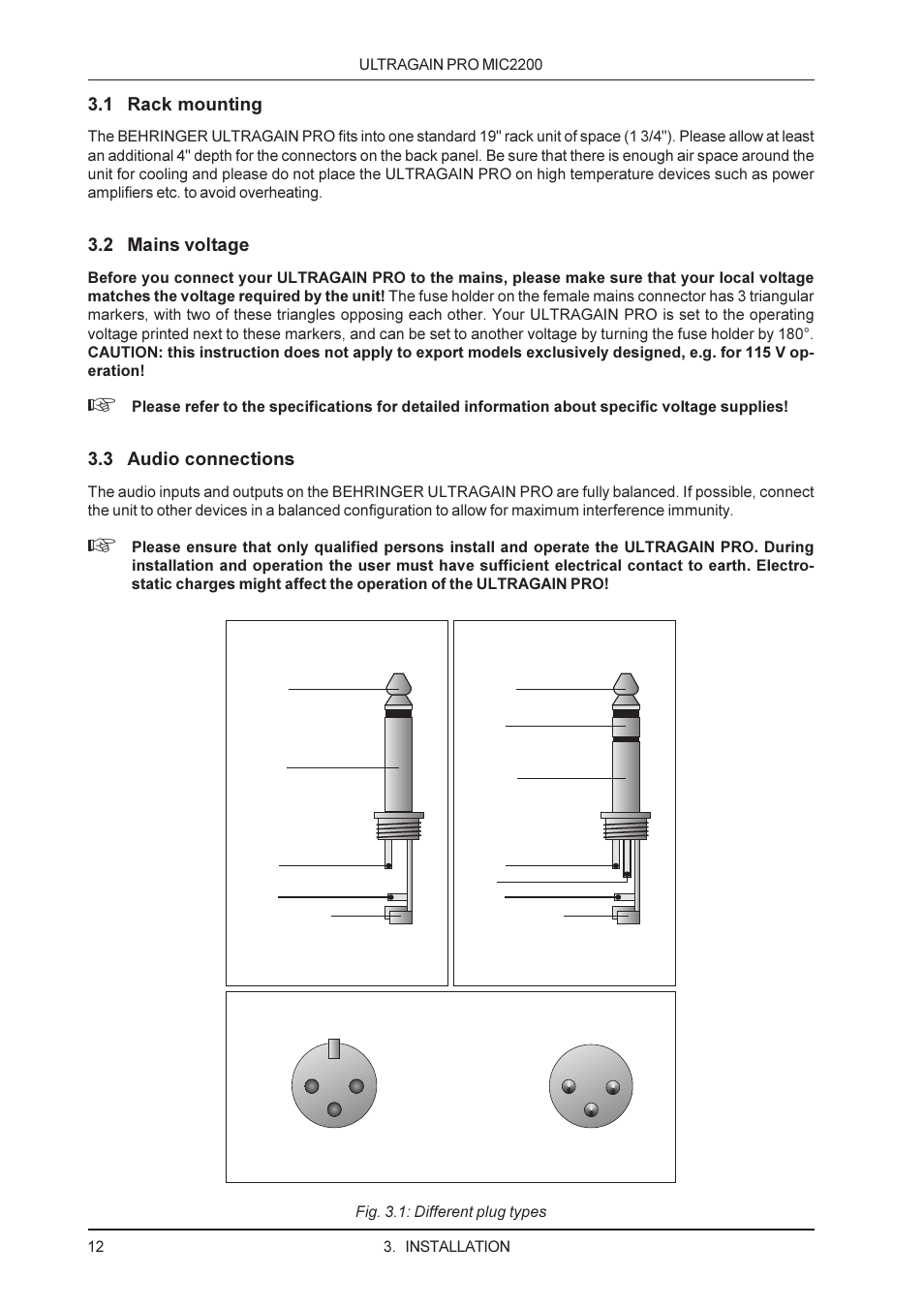 1 rack mounting, 2 mains voltage, 3 audio connections | Behringer M IC 2200 User Manual | Page 12 / 20