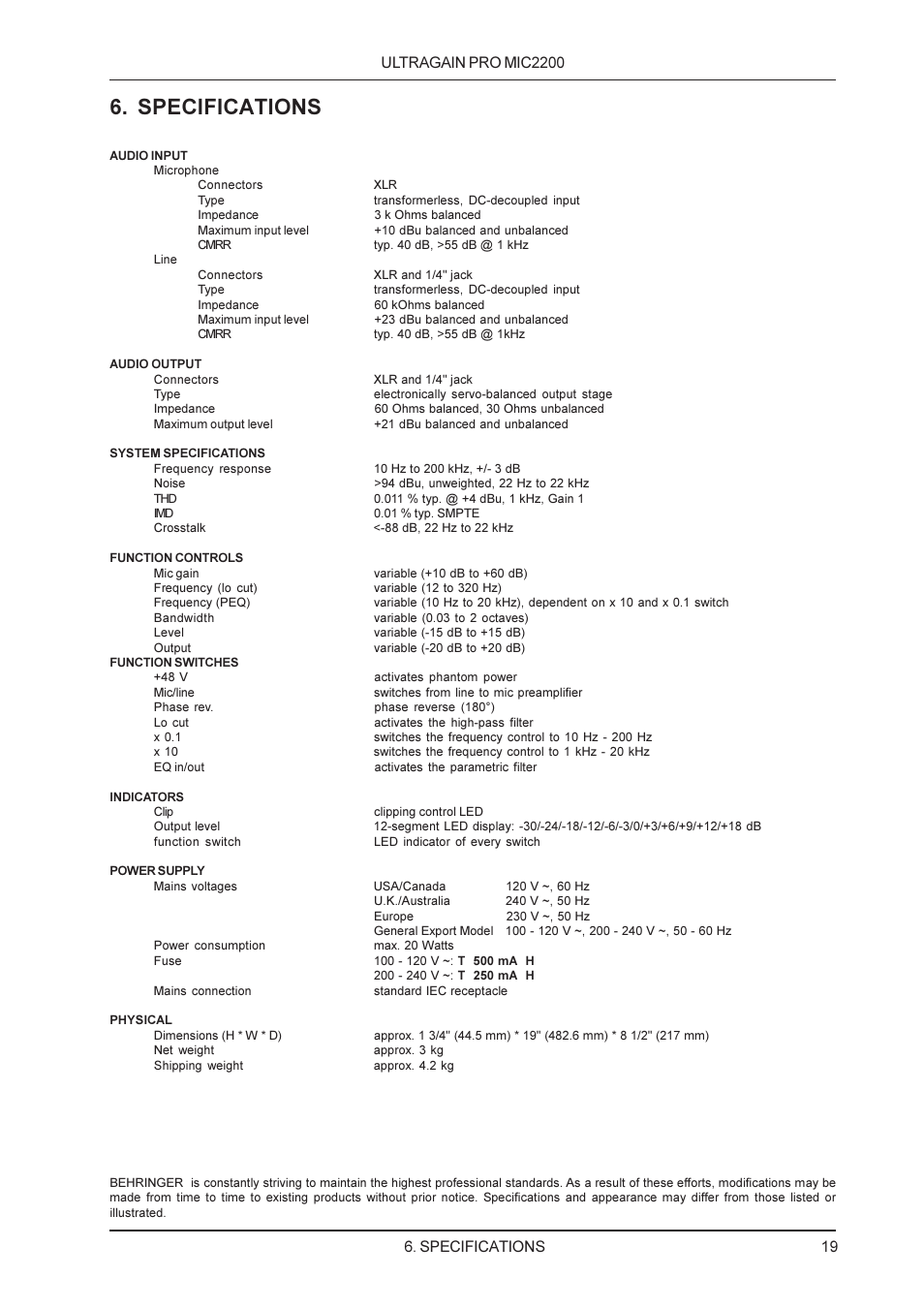 Specifications | Behringer M IC 2200 User Manual | Page 19 / 20