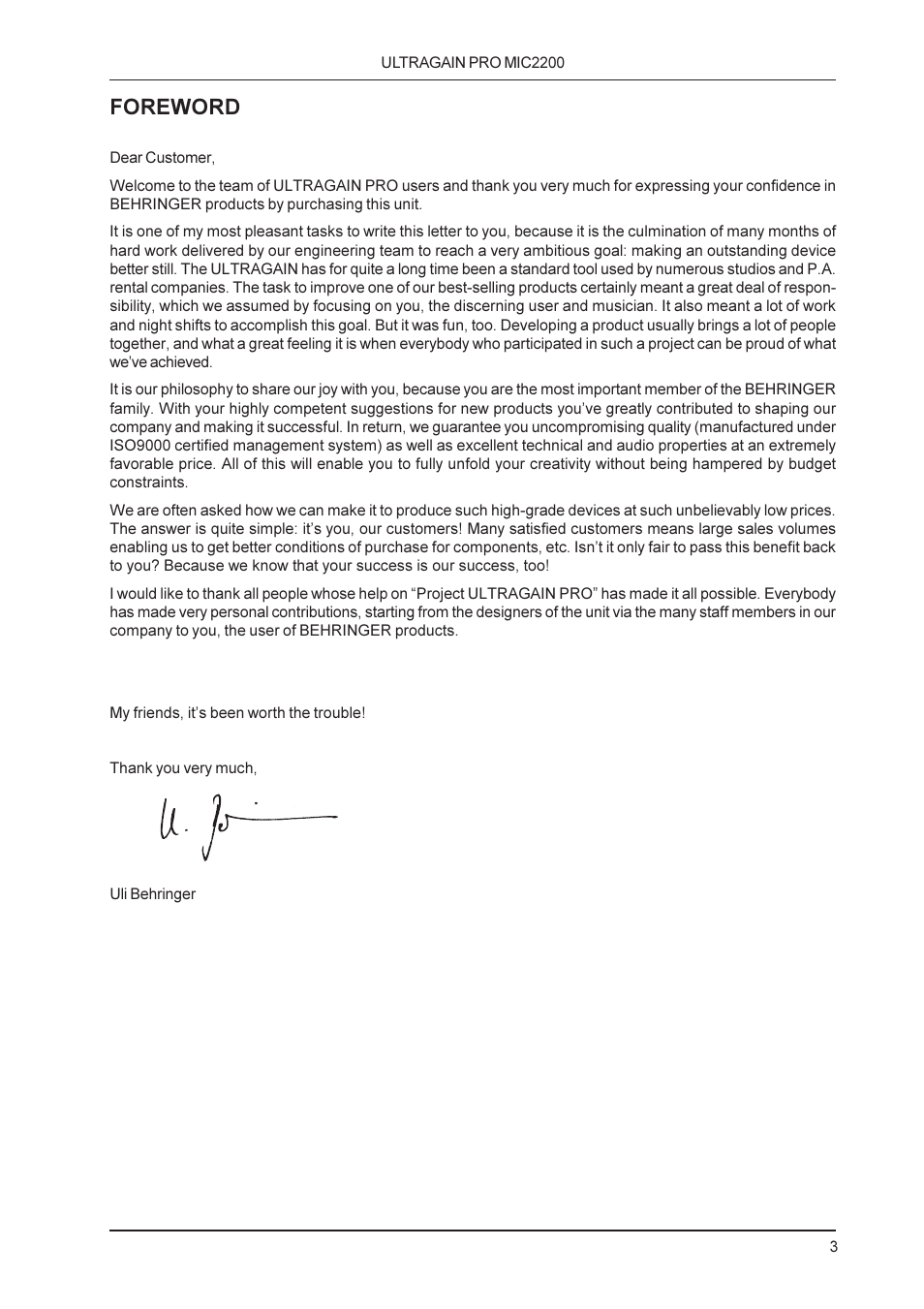 Foreword | Behringer M IC 2200 User Manual | Page 3 / 20