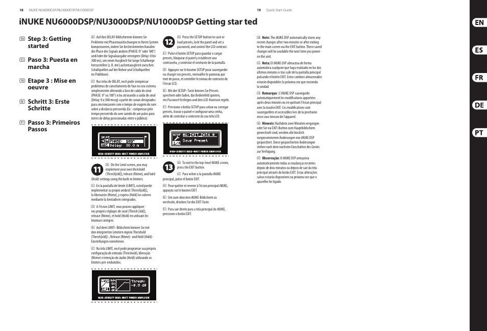 Step 3: getting started, Paso 3: puesta en marcha, Etape 3 : mise en oeuvre | Schritt 3: erste schritte, Passo 3: primeiros passos | Behringer iNUKE Power amplifier with DSP Control and USB interface NU6000DSP/NU3000DSP/NU1000DSP User Manual | Page 10 / 17