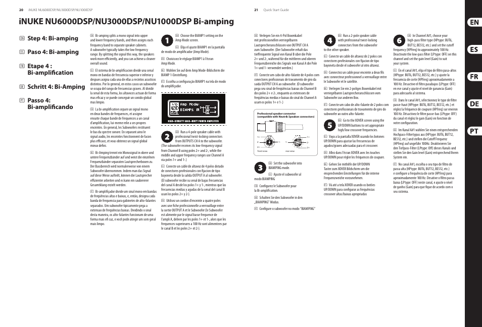 Step 4: bi-amping, Paso 4: bi-amping, Etape 4 : bi-amplification | Schritt 4: bi-amping, Passo 4: bi-amplificando | Behringer iNUKE Power amplifier with DSP Control and USB interface NU6000DSP/NU3000DSP/NU1000DSP User Manual | Page 11 / 17