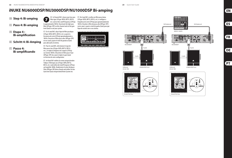 Step 4: bi-amping, Paso 4: bi-amping, Etape 4 : bi-amplification | Schritt 4: bi-amping, Passo 4: bi-amplificando | Behringer iNUKE Power amplifier with DSP Control and USB interface NU6000DSP/NU3000DSP/NU1000DSP User Manual | Page 12 / 17