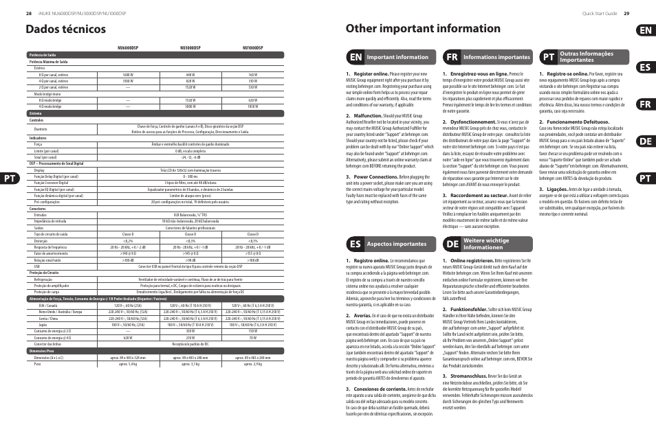 Other important information, Dados técnicos | Behringer iNUKE Power amplifier with DSP Control and USB interface NU6000DSP/NU3000DSP/NU1000DSP User Manual | Page 15 / 17