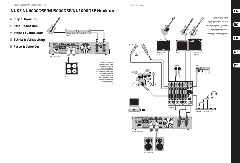 Step 1: hook-up, Paso 1: conexión, Etape 1 : connexions | Schritt 1: verkabelung, Passo 1: conexões | Behringer iNUKE Power amplifier with DSP Control and USB interface NU6000DSP/NU3000DSP/NU1000DSP User Manual | Page 6 / 17