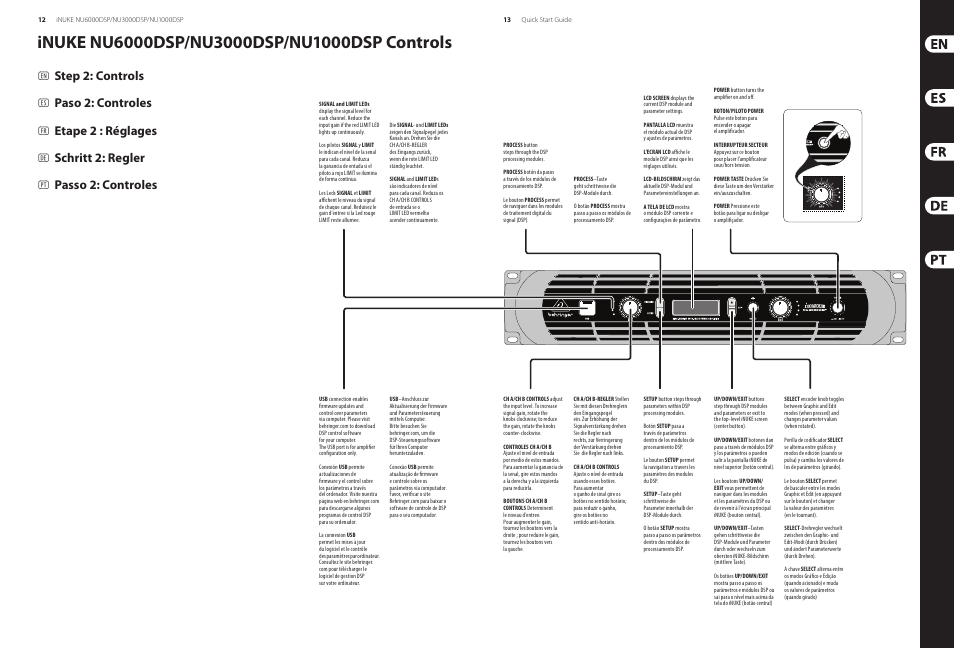 Step 2: controls, Paso 2: controles, Etape 2 : réglages | Schritt 2: regler, Passo 2: controles | Behringer iNUKE Power amplifier with DSP Control and USB interface NU6000DSP/NU3000DSP/NU1000DSP User Manual | Page 7 / 17