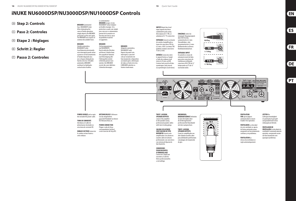 Step 2: controls, Paso 2: controles, Etape 2 : réglages | Schritt 2: regler, Passo 2: controles | Behringer iNUKE Power amplifier with DSP Control and USB interface NU6000DSP/NU3000DSP/NU1000DSP User Manual | Page 8 / 17