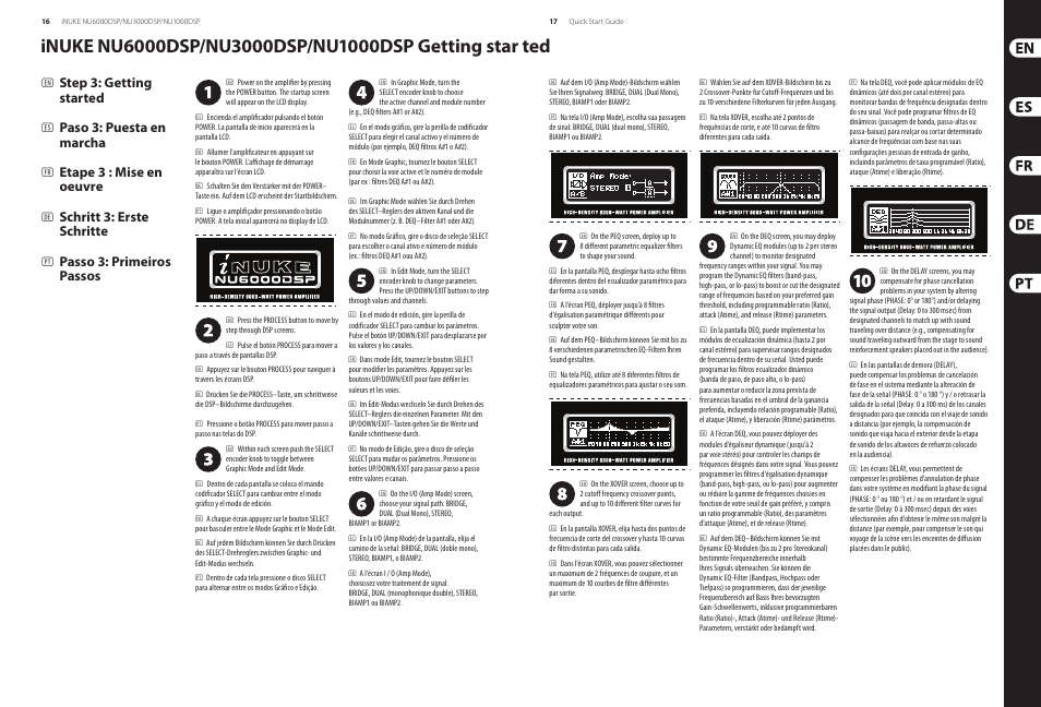 Step 3: getting started, Paso 3: puesta en marcha, Etape 3 : mise en oeuvre | Schritt 3: erste schritte, Passo 3: primeiros passos | Behringer iNUKE Power amplifier with DSP Control and USB interface NU6000DSP/NU3000DSP/NU1000DSP User Manual | Page 9 / 17