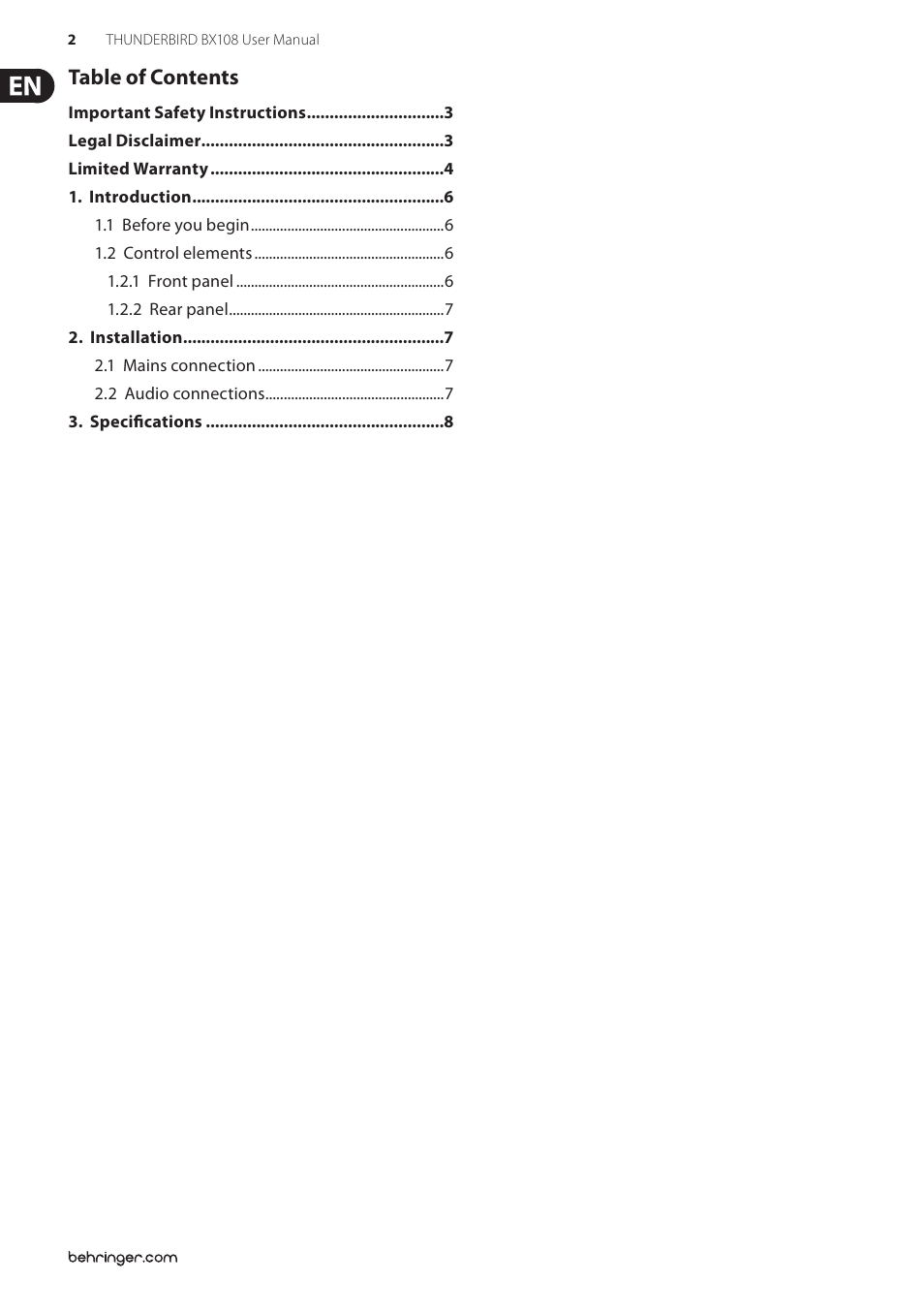 Behringer Thunderbird BX108 User Manual | Page 2 / 9