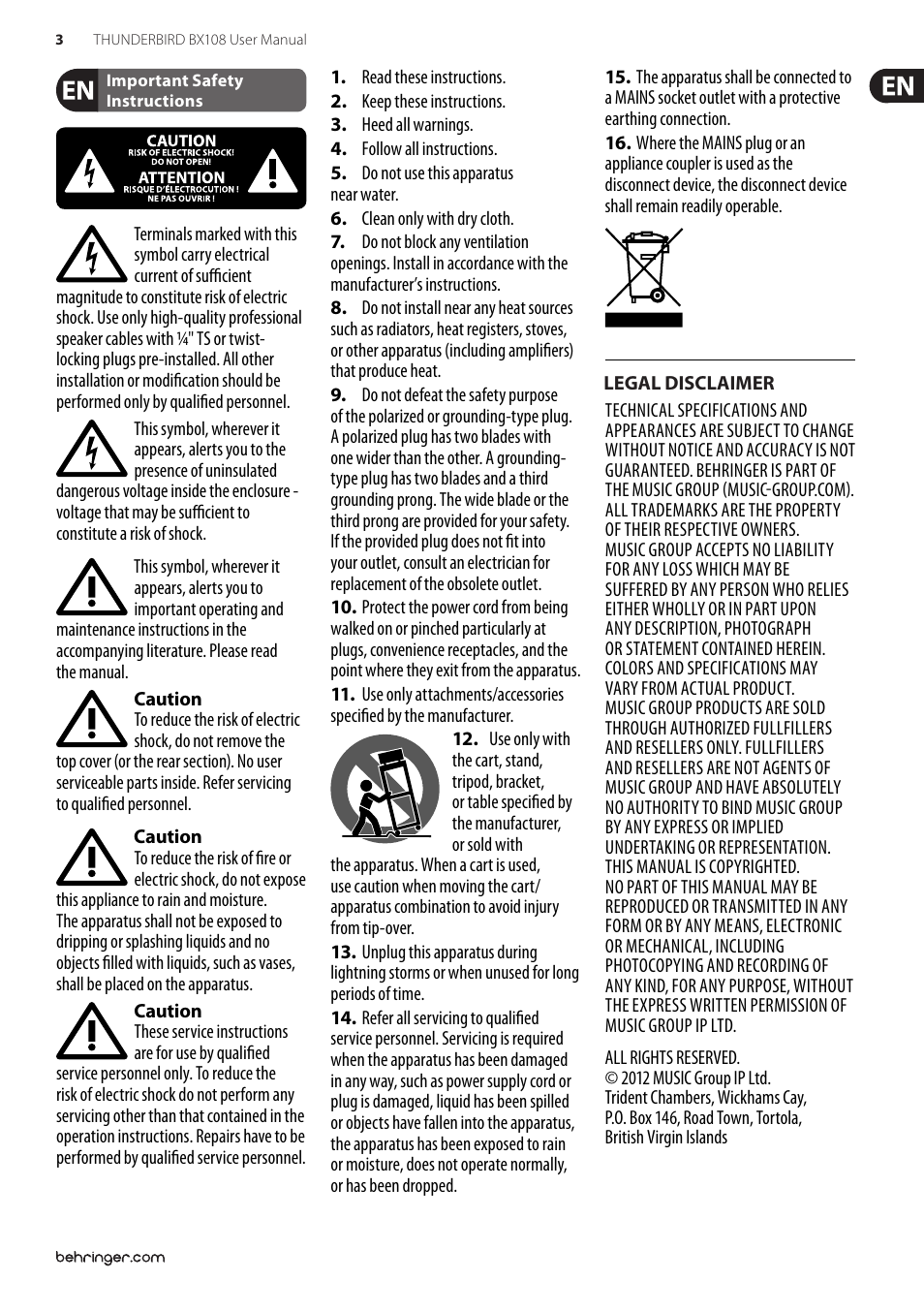 Important safety instructions, Legal disclaimer, Important safety instructions legal disclaimer | Behringer Thunderbird BX108 User Manual | Page 3 / 9