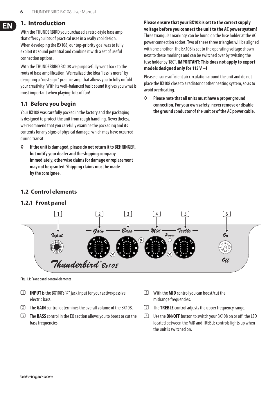 Introduction, 1 before you begin, 2 control elements | 1 front panel, 1 before you begin 1.2 control elements | Behringer Thunderbird BX108 User Manual | Page 6 / 9