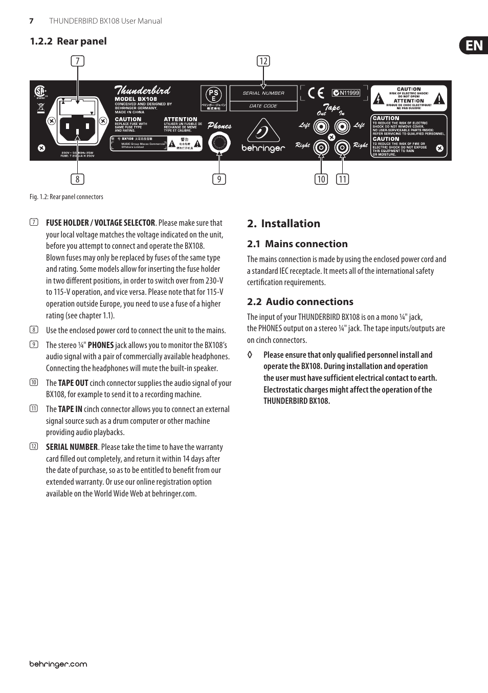 2 rear panel, Installation, 1 mains connection | 2 audio connections, 1 mains connection 2.2 audio connections | Behringer Thunderbird BX108 User Manual | Page 7 / 9