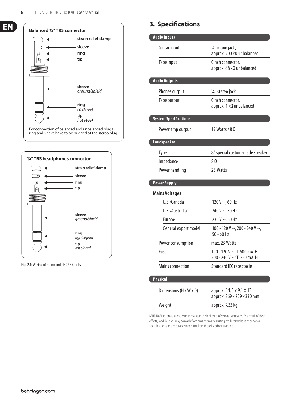 Specifications | Behringer Thunderbird BX108 User Manual | Page 8 / 9