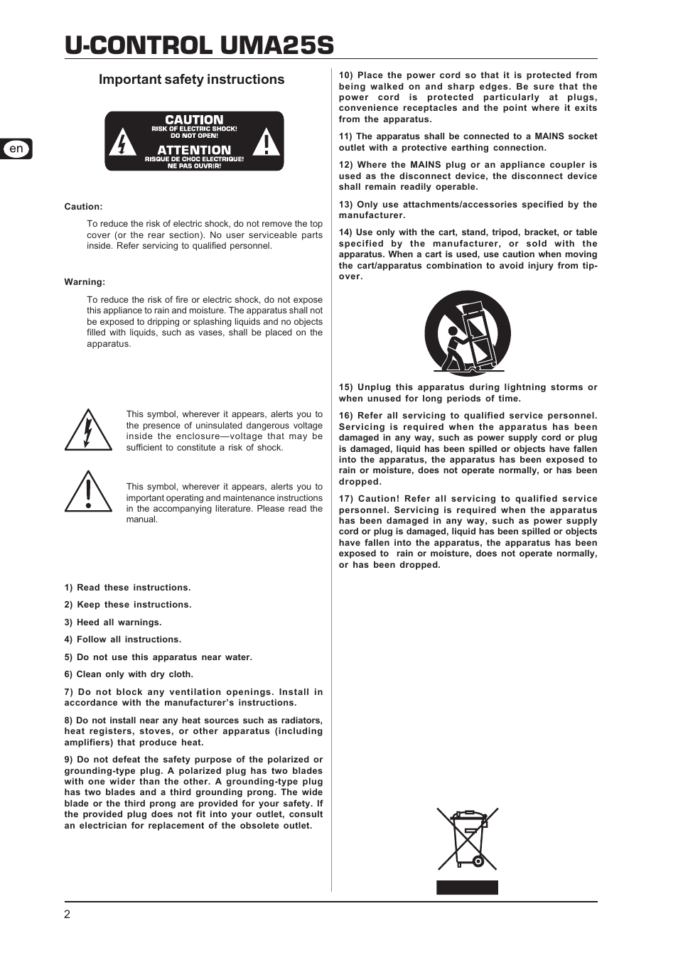 U-control uma25s, Important safety instructions | Behringer UMA25S User Manual | Page 2 / 23