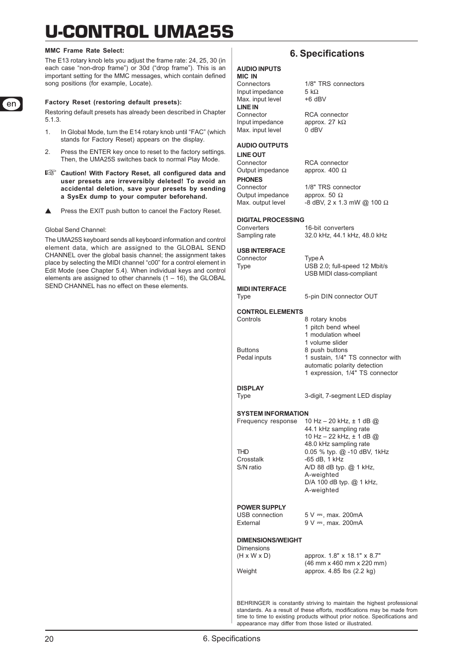 U-control uma25s, Specifications | Behringer UMA25S User Manual | Page 20 / 23