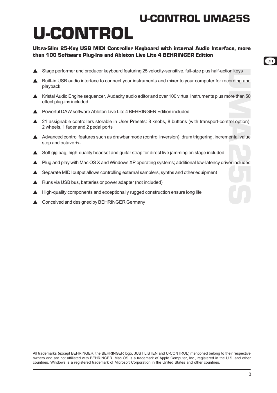 Uma 25s, U-control, U-control uma25s | Behringer UMA25S User Manual | Page 3 / 23