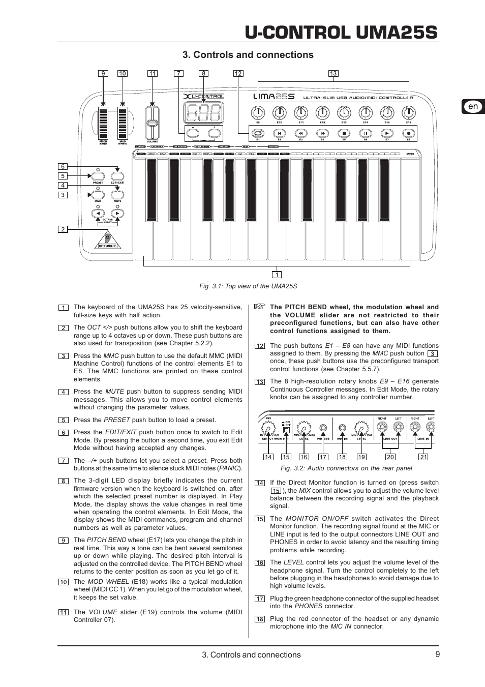 U-control uma25s, Controls and connections | Behringer UMA25S User Manual | Page 9 / 23