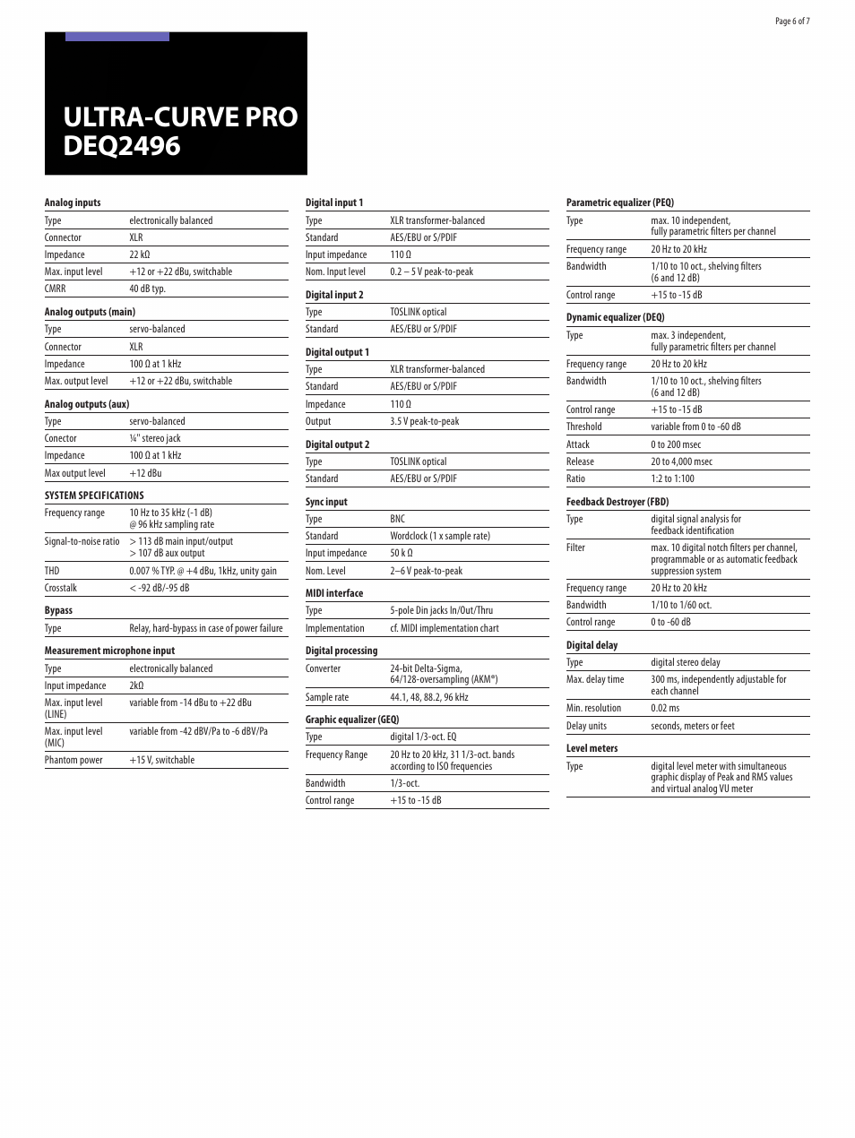 Ultra-curve pro deq2496 | Behringer Ultra-Curve Pro DEQ2496 User Manual | Page 6 / 7
