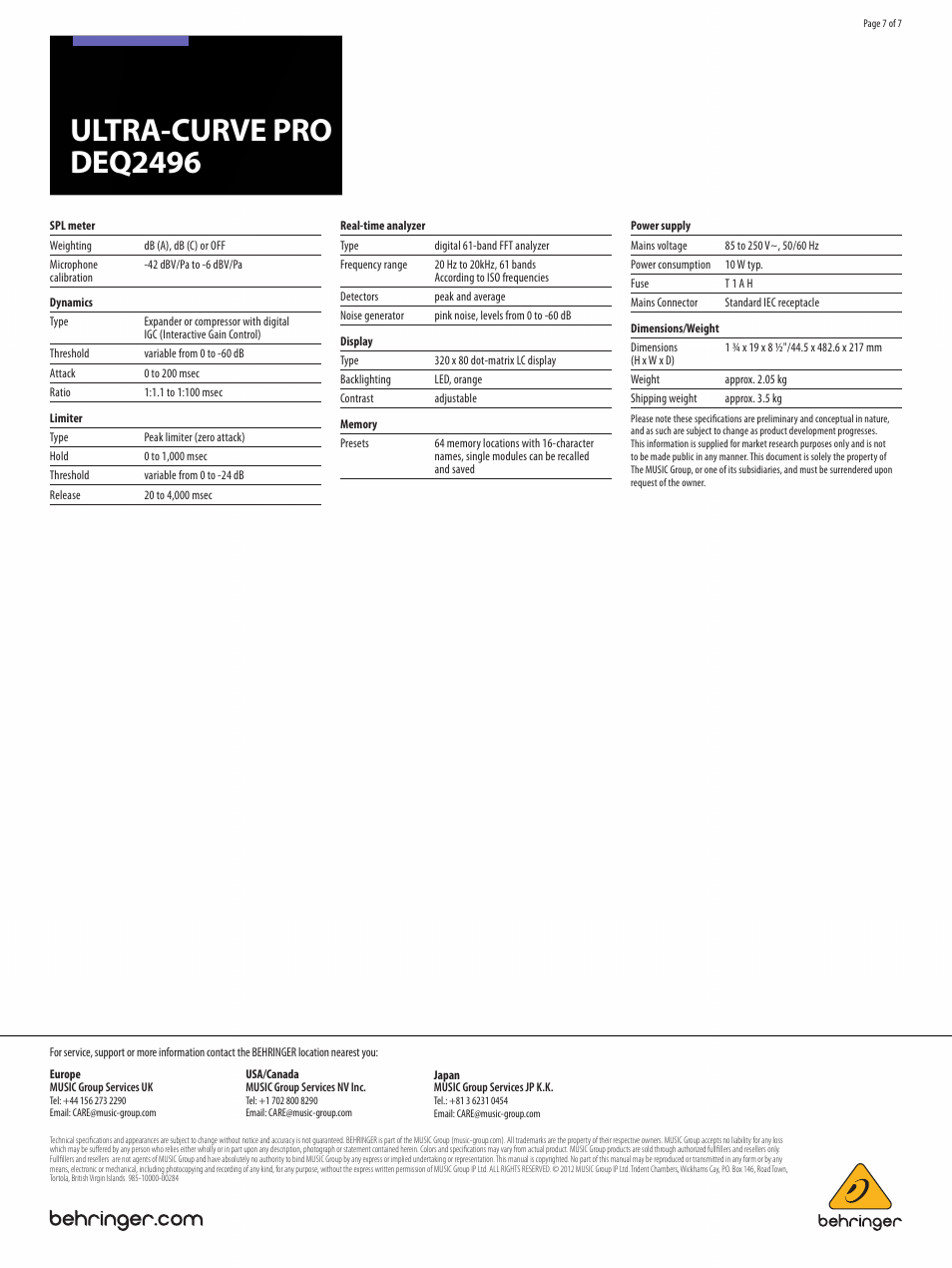 Ultra-curve pro deq2496 | Behringer Ultra-Curve Pro DEQ2496 User Manual | Page 7 / 7