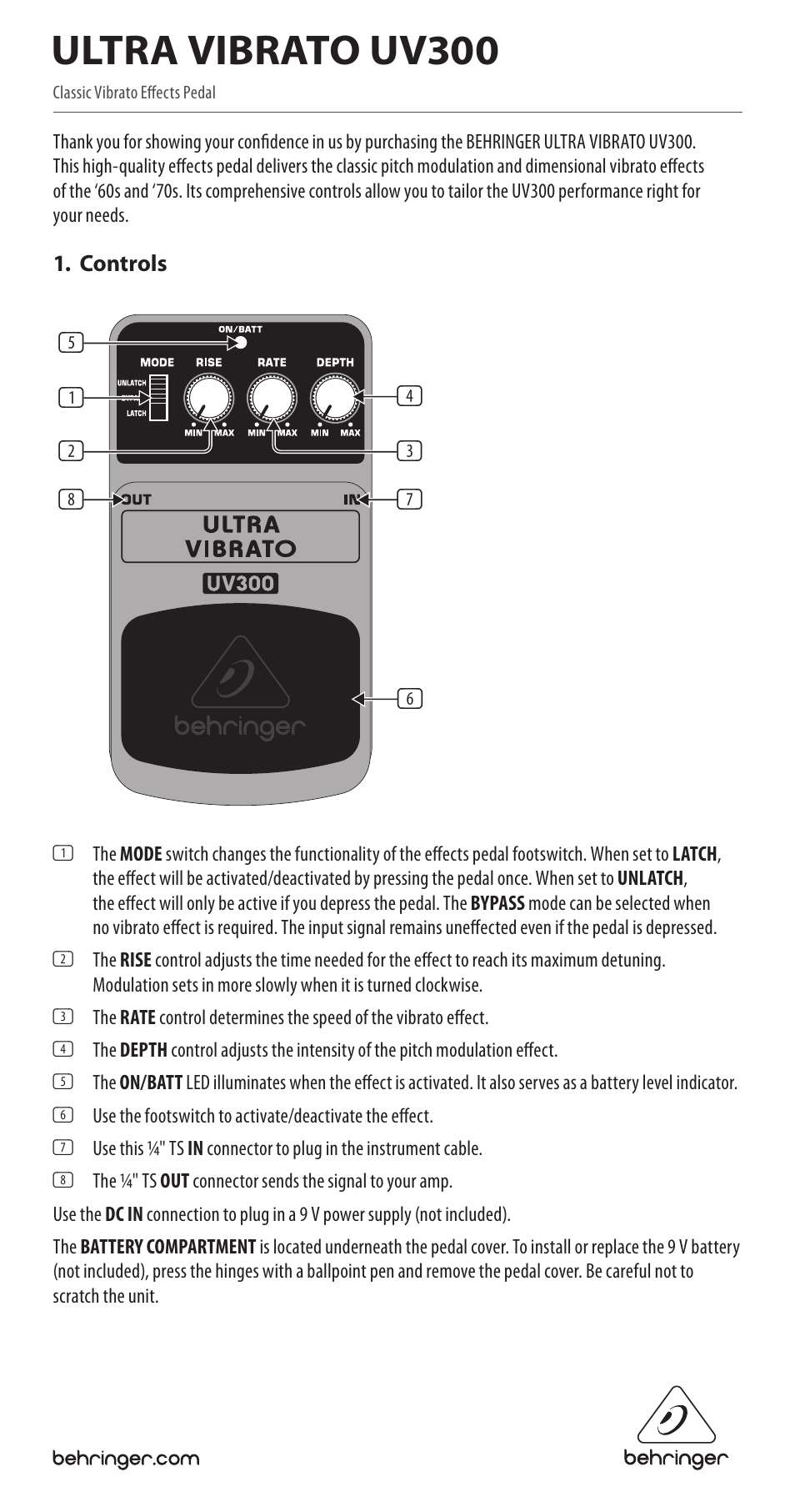 Behringer Classic Vibrato Effects Pedal UV300 User Manual | 2 pages