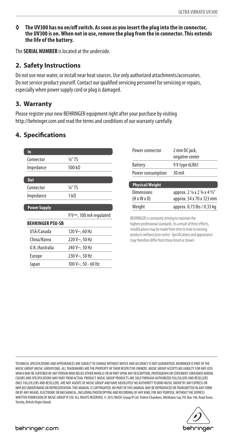 Safety instructions, Warranty, Specifications | Behringer Classic Vibrato Effects Pedal UV300 User Manual | Page 2 / 2