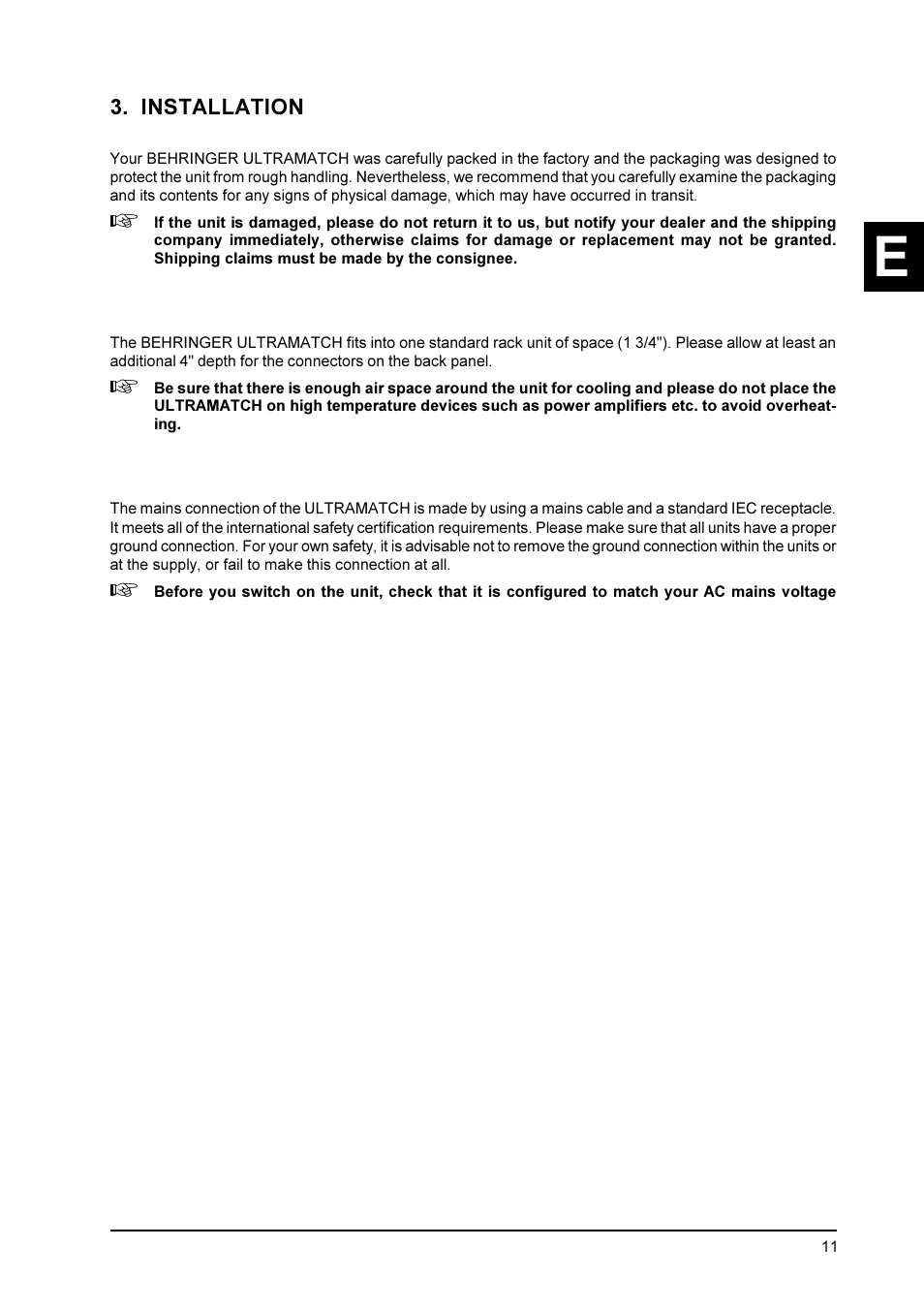 Installation, 1 rack mounting, 2 mains connection | 3 general instructions on connections, 1 balanced xlr connection (aes / ebu) | Behringer SRC2000 User Manual | Page 11 / 25