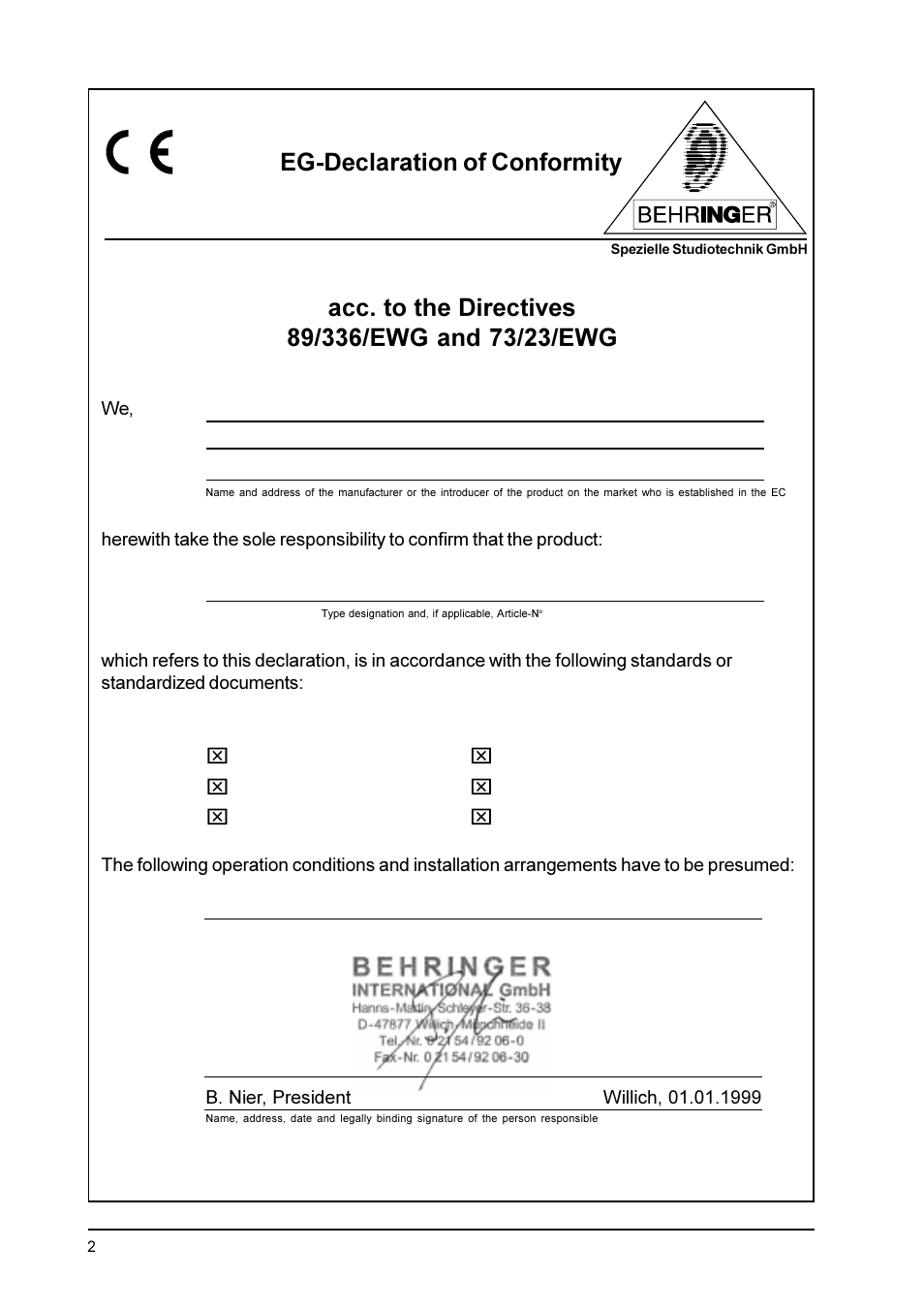 Eg-declaration of conformity | Behringer SRC2000 User Manual | Page 2 / 25