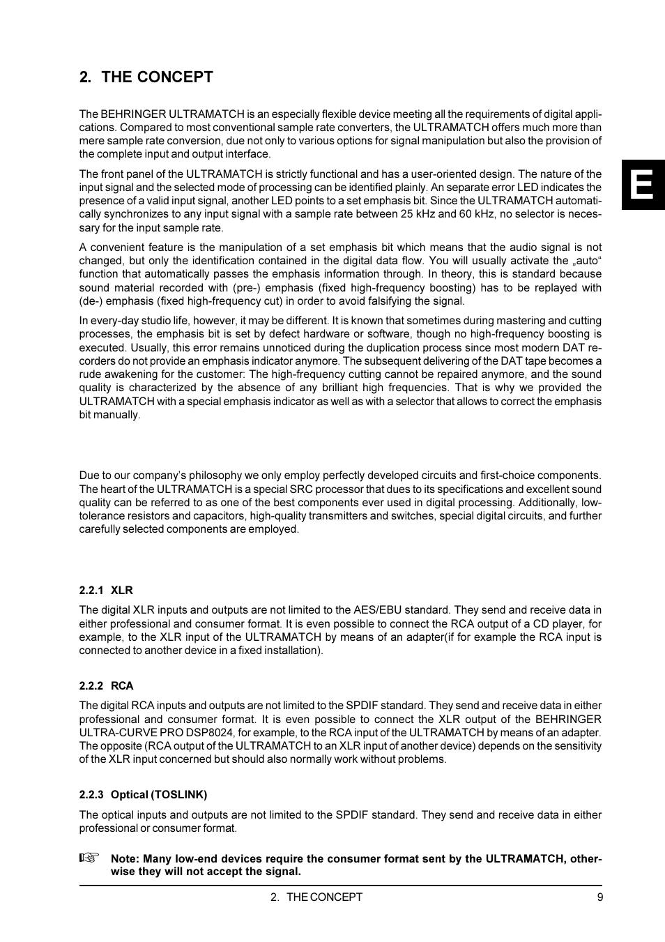 The concept, 1 the quality of components and circuits, 2 digital inputs and outputs | 1 xlr, 2 rca, 3 optical (toslink) | Behringer SRC2000 User Manual | Page 9 / 25