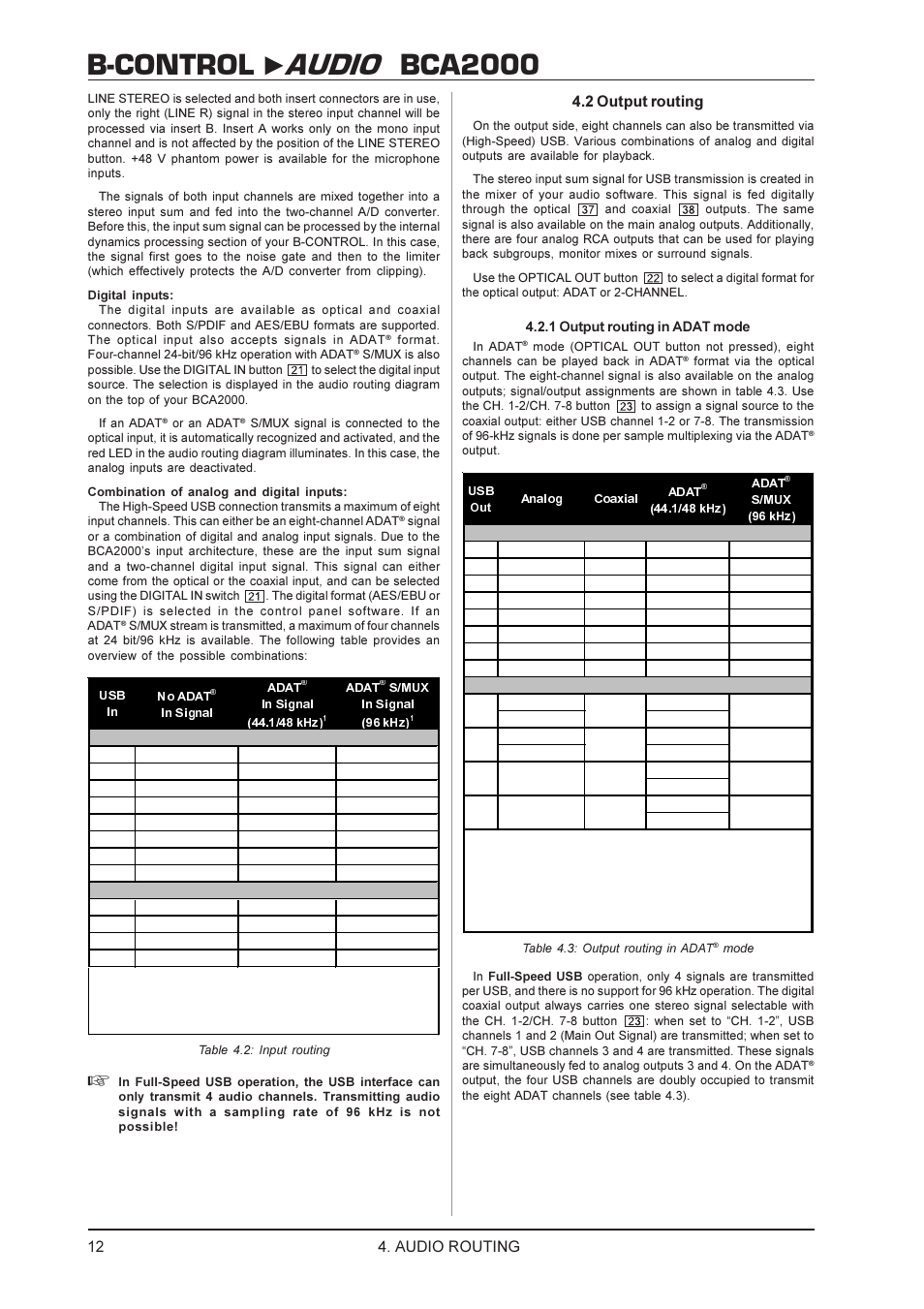 B-control audio bca2000, 2 output routing, Audio routing | Behringer BCA2000 User Manual | Page 12 / 24