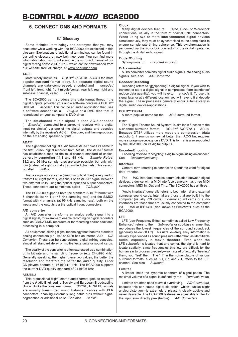 B-control audio bca2000, Connections and formats, 1 glossary | Behringer BCA2000 User Manual | Page 20 / 24