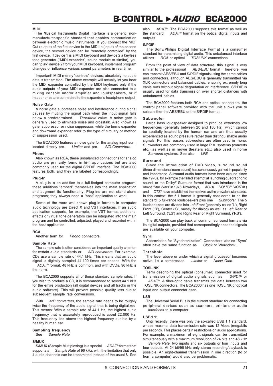 B-control audio bca2000, Connections and formats | Behringer BCA2000 User Manual | Page 21 / 24