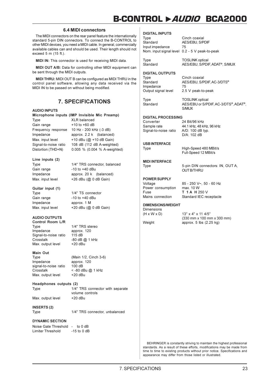 B-control audio bca2000, Specifications, 4 midi connectors | Behringer BCA2000 User Manual | Page 23 / 24