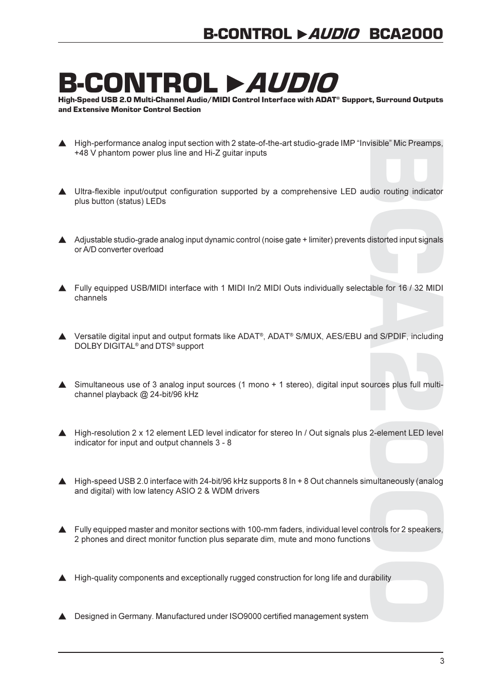 Bca 2000, B-control audio, B-control audio bca2000 | Behringer BCA2000 User Manual | Page 3 / 24