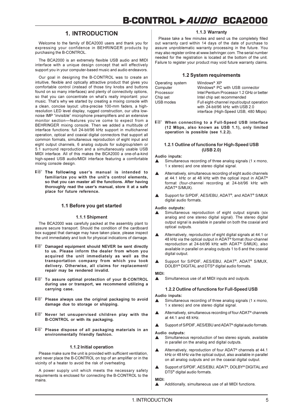 B-control audio bca2000, Introduction, 1 before you get started | 2 system requirements | Behringer BCA2000 User Manual | Page 5 / 24