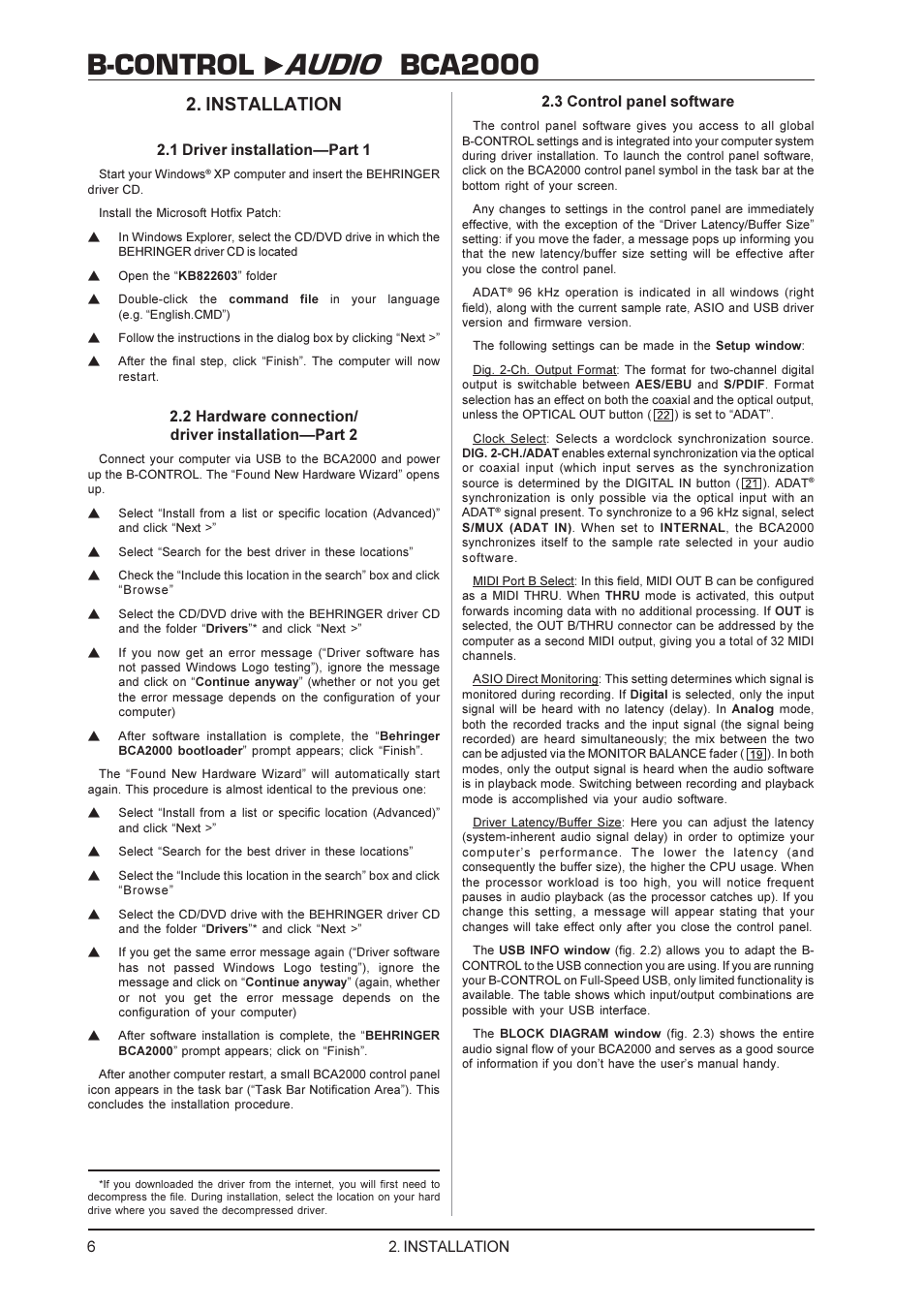 B-control audio bca2000, Installation, 1 driver installationpart 1 | 2 hardware connection/ driver installationpart 2, 3 control panel software | Behringer BCA2000 User Manual | Page 6 / 24