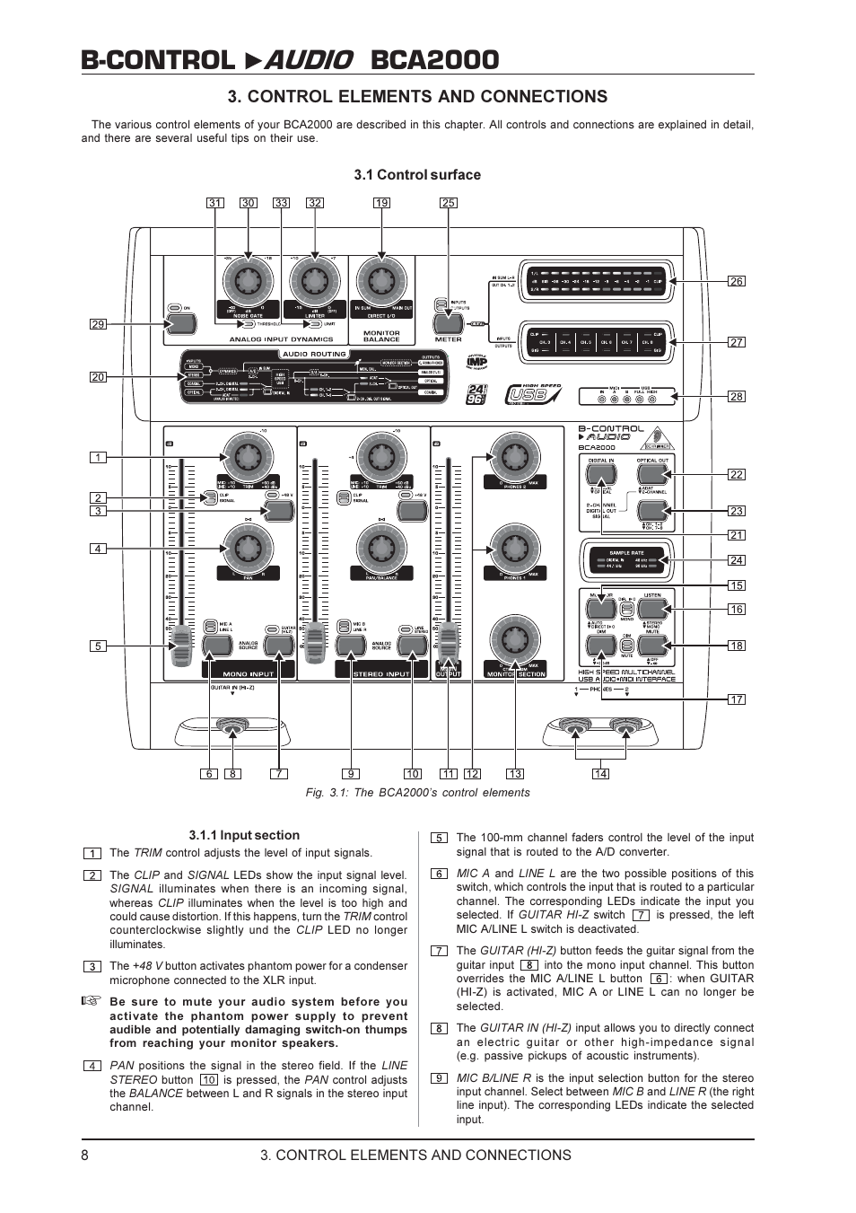 B-control audio bca2000, Control elements and connections | Behringer BCA2000 User Manual | Page 8 / 24