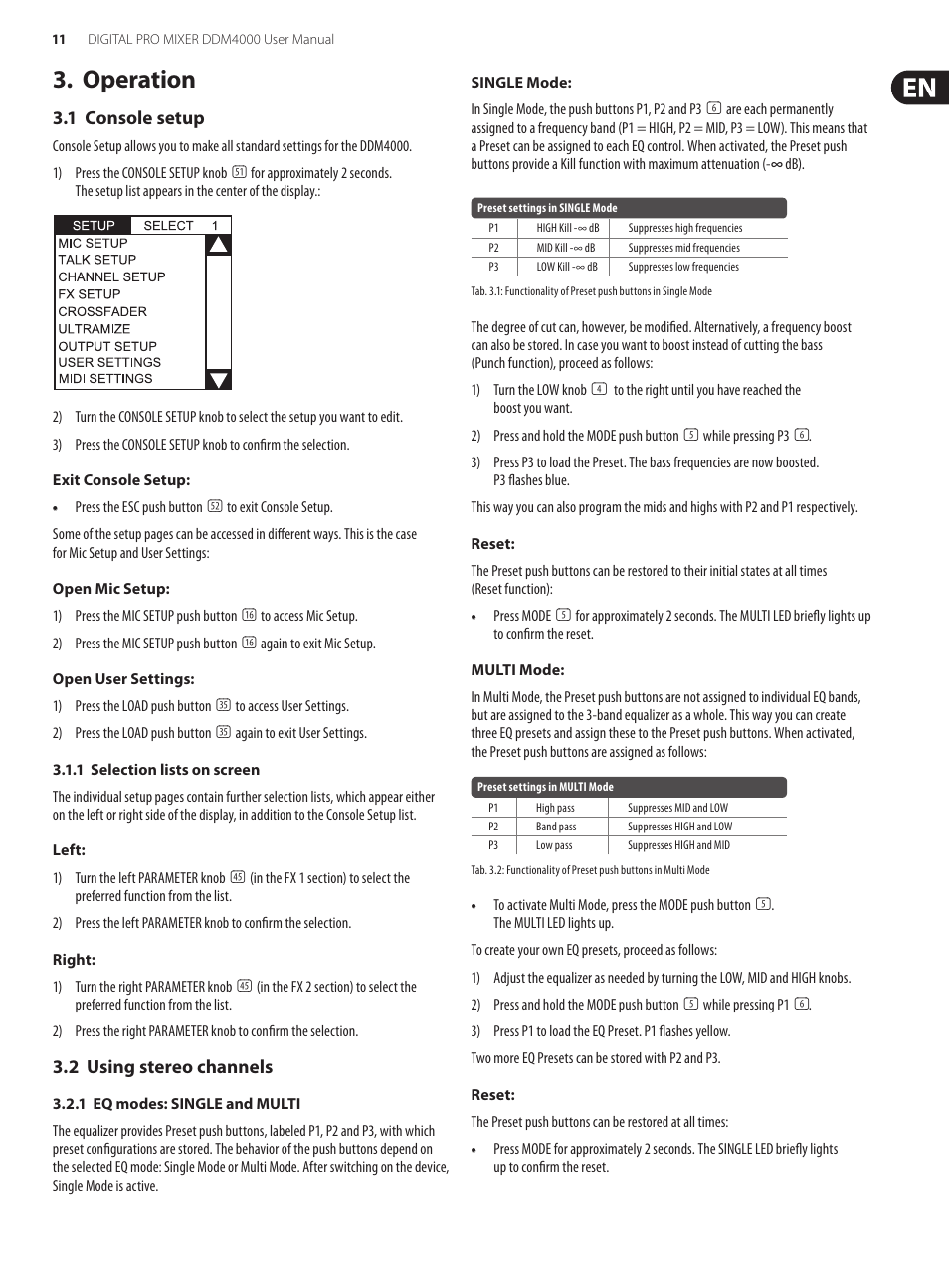 Operation, 1 console setup, 2 using stereo channels | Behringer Digital Pro Mixer DDM4000 User Manual | Page 11 / 32