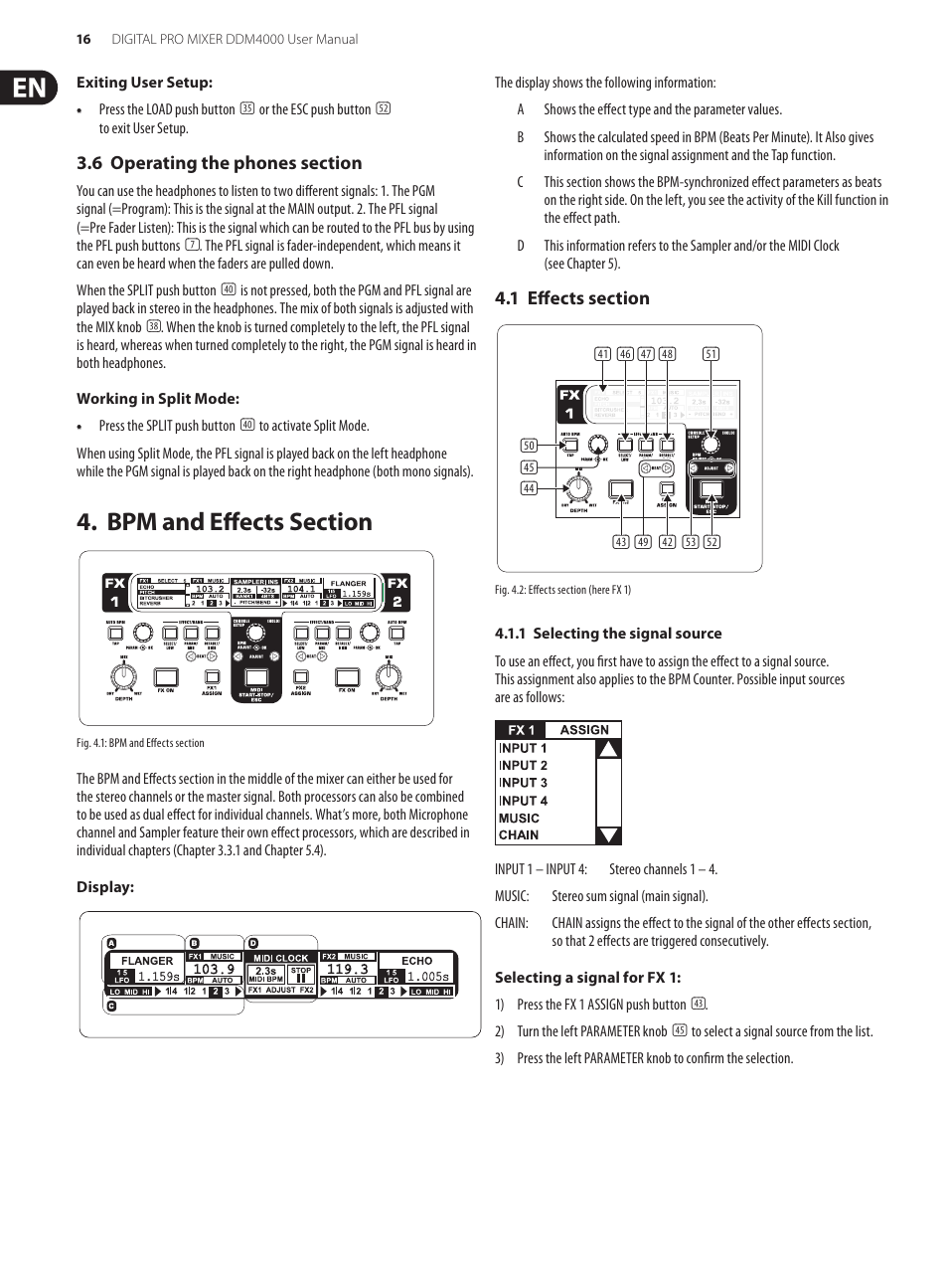 6 operating the phones section, Bpm and effects section | Behringer Digital Pro Mixer DDM4000 User Manual | Page 16 / 32