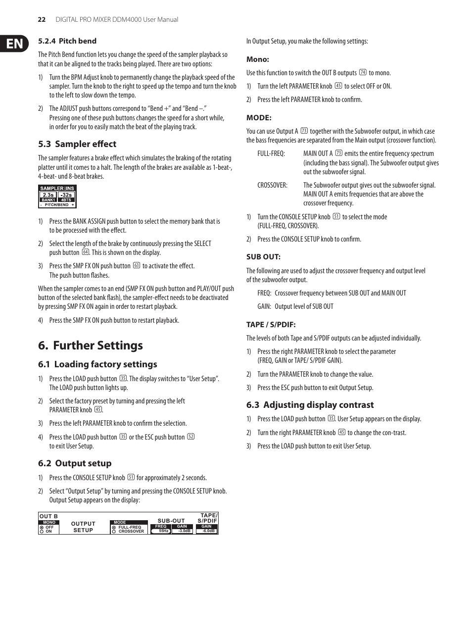 3 sampler effect, Further settings, 1 loading factory settings | 2 output setup, 3 adjusting display contrast | Behringer Digital Pro Mixer DDM4000 User Manual | Page 22 / 32