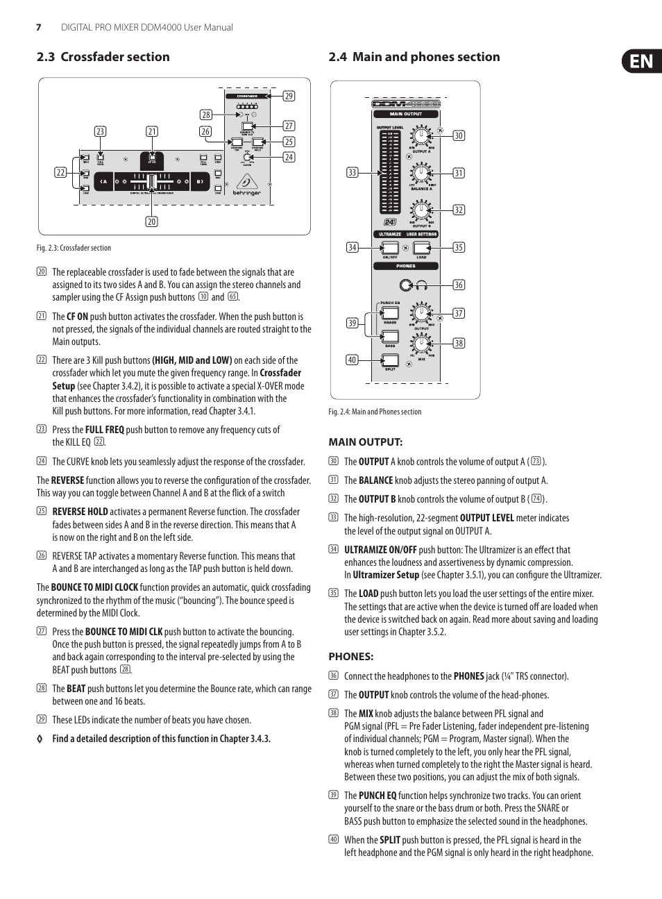 3 crossfader section, 4 main and phones section | Behringer Digital Pro Mixer DDM4000 User Manual | Page 7 / 32