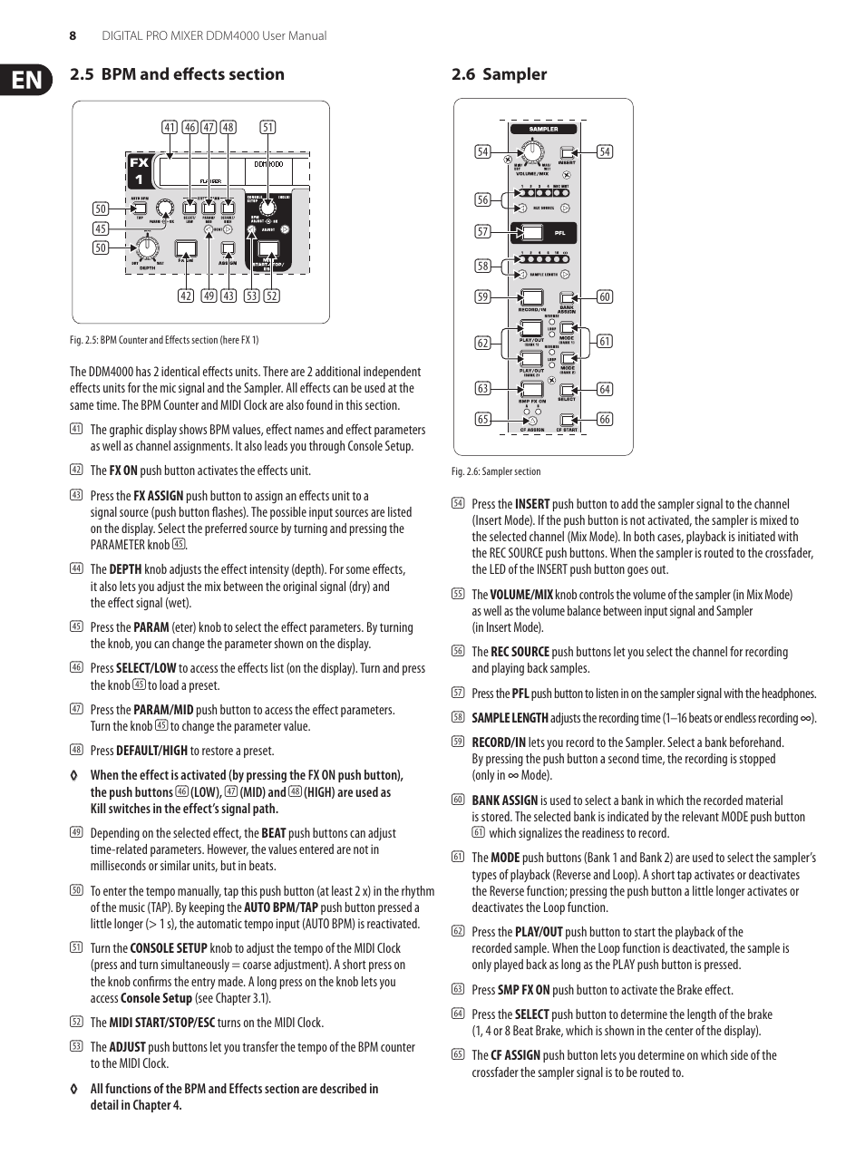 5 bpm and effects section, 6 sampler | Behringer Digital Pro Mixer DDM4000 User Manual | Page 8 / 32