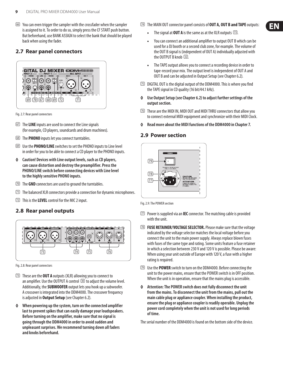 7 rear panel connectors, 8 rear panel outputs, 9 power section | Behringer Digital Pro Mixer DDM4000 User Manual | Page 9 / 32