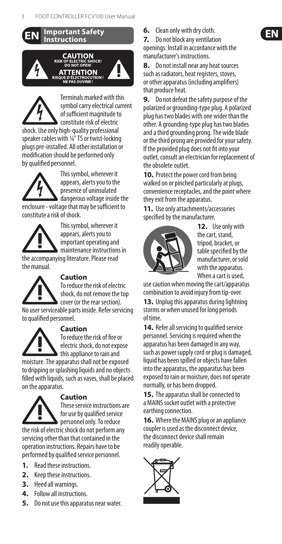 Important safety instructions | Behringer FOOTCONTROLLER Version 1.2 July 2003 FCV100 User Manual | Page 3 / 9