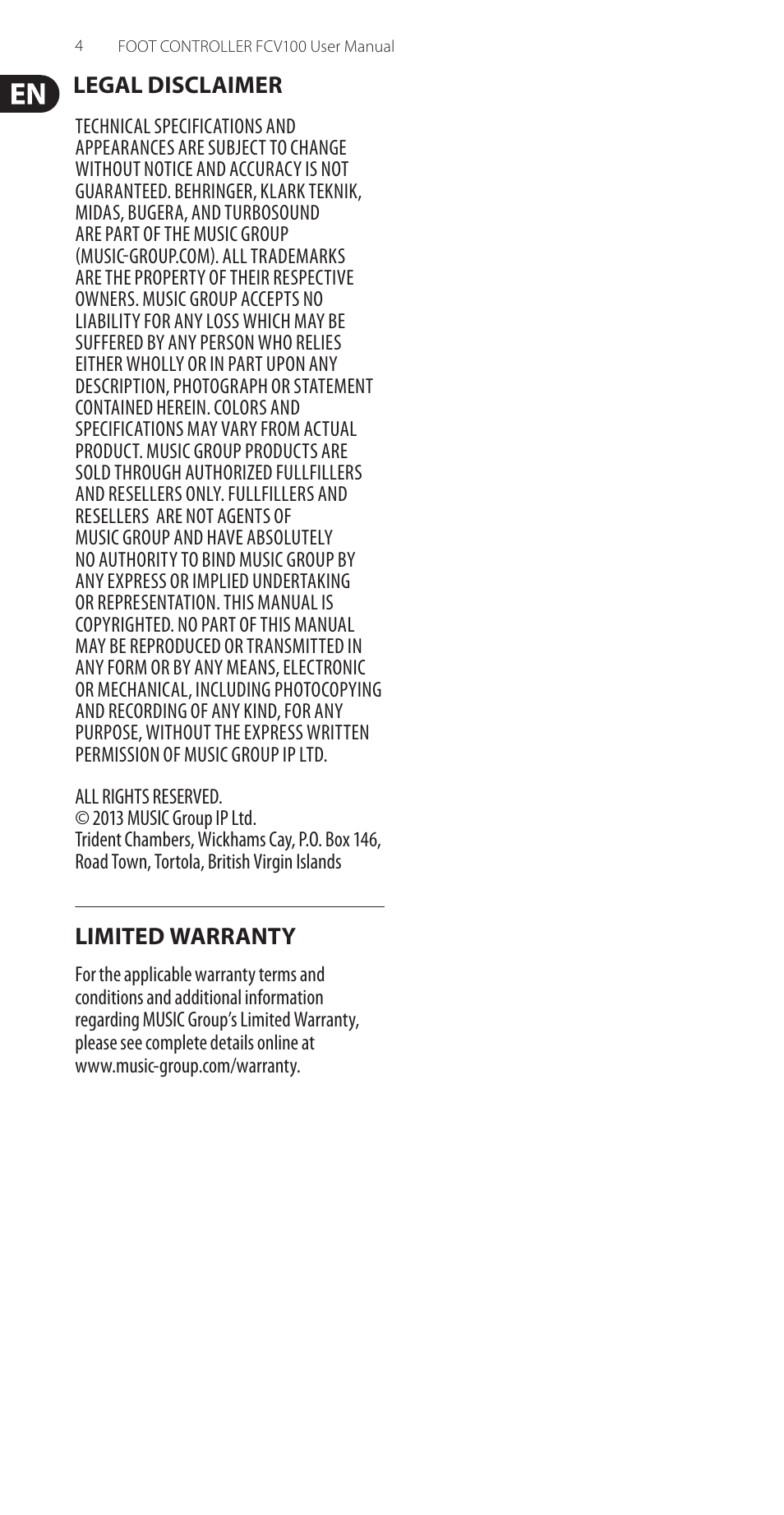 Legal disclaimer, Limited warranty, Legal disclaimer limited warranty | Behringer FOOTCONTROLLER Version 1.2 July 2003 FCV100 User Manual | Page 4 / 9