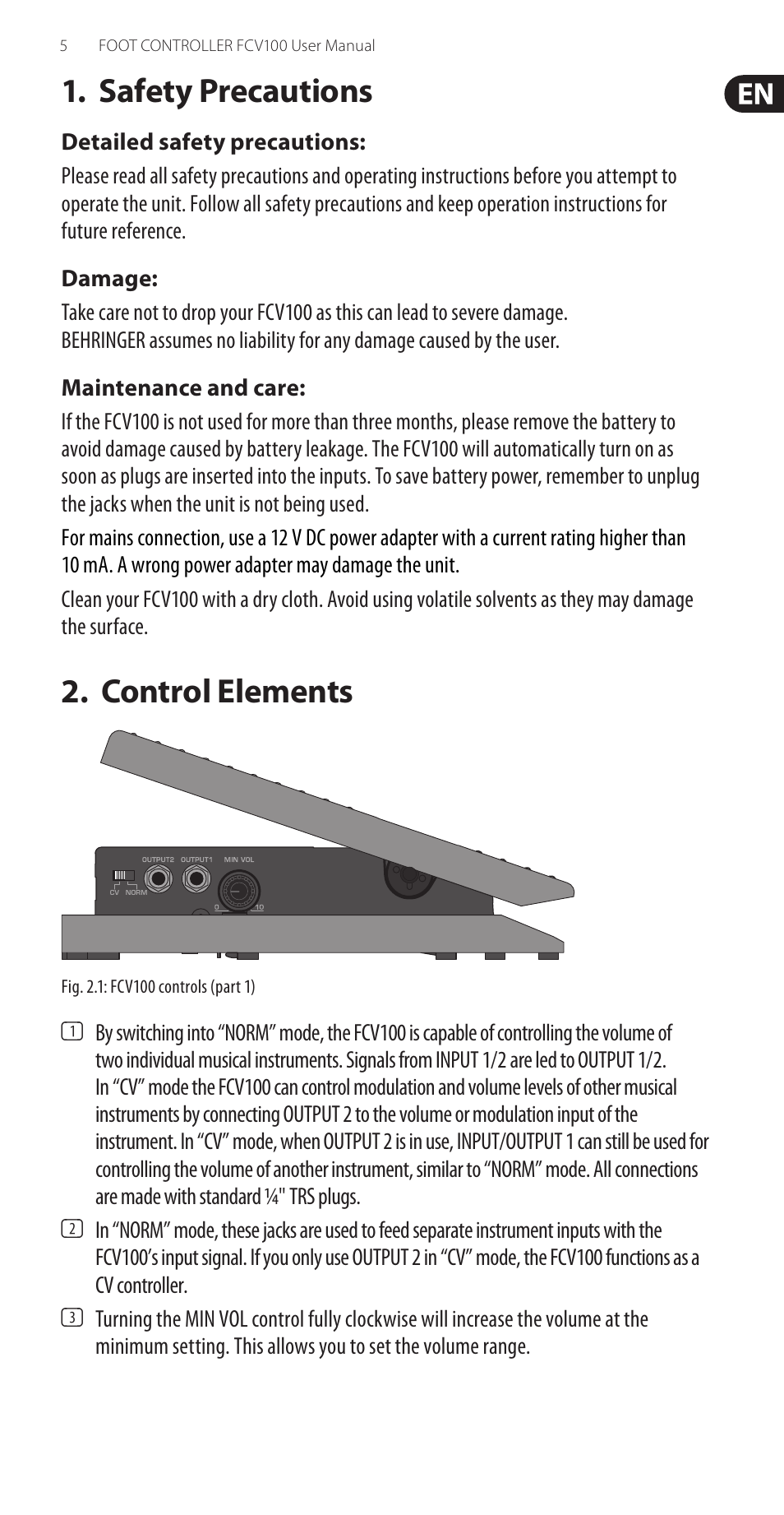 Safety precautions, Control elements, Safety precautions 2. control elements | Behringer FOOTCONTROLLER Version 1.2 July 2003 FCV100 User Manual | Page 5 / 9