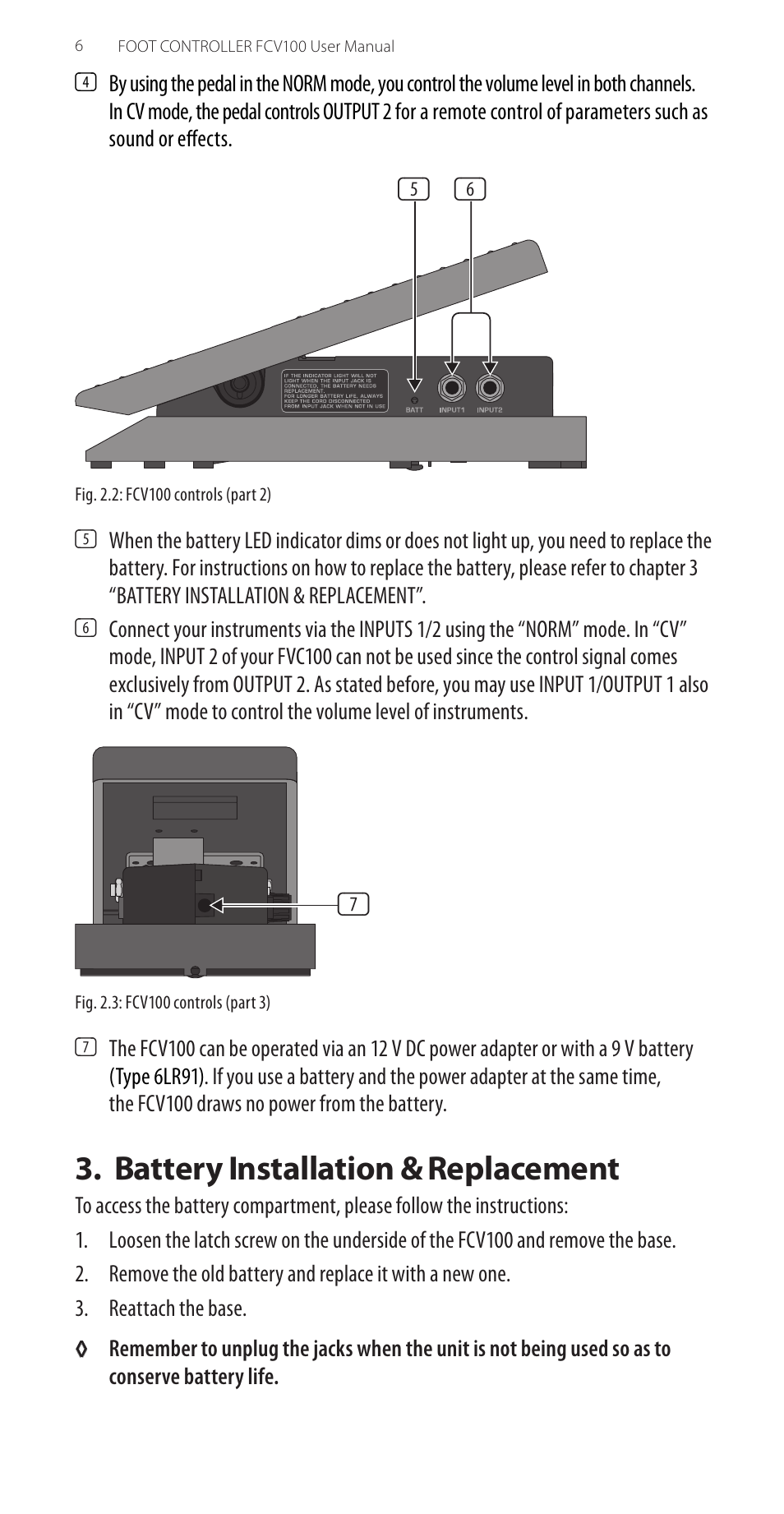 Battery installation & replacement, Battery installation, Replacement | Behringer FOOTCONTROLLER Version 1.2 July 2003 FCV100 User Manual | Page 6 / 9