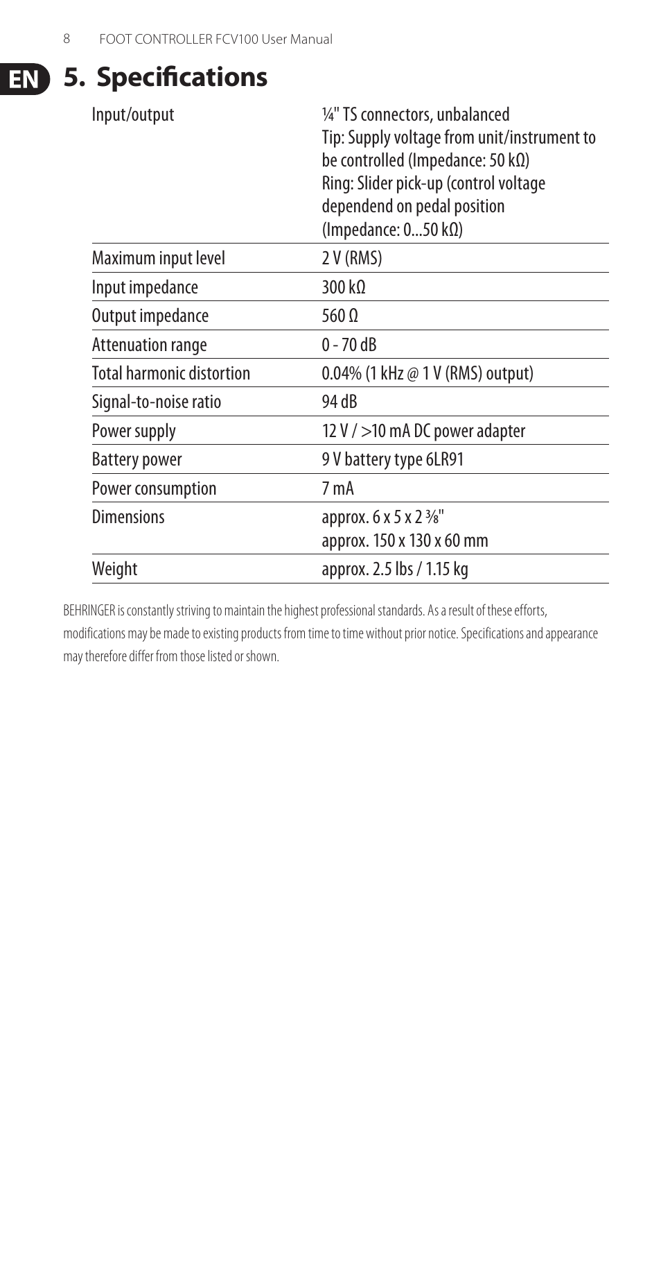 Specifications | Behringer FOOTCONTROLLER Version 1.2 July 2003 FCV100 User Manual | Page 8 / 9